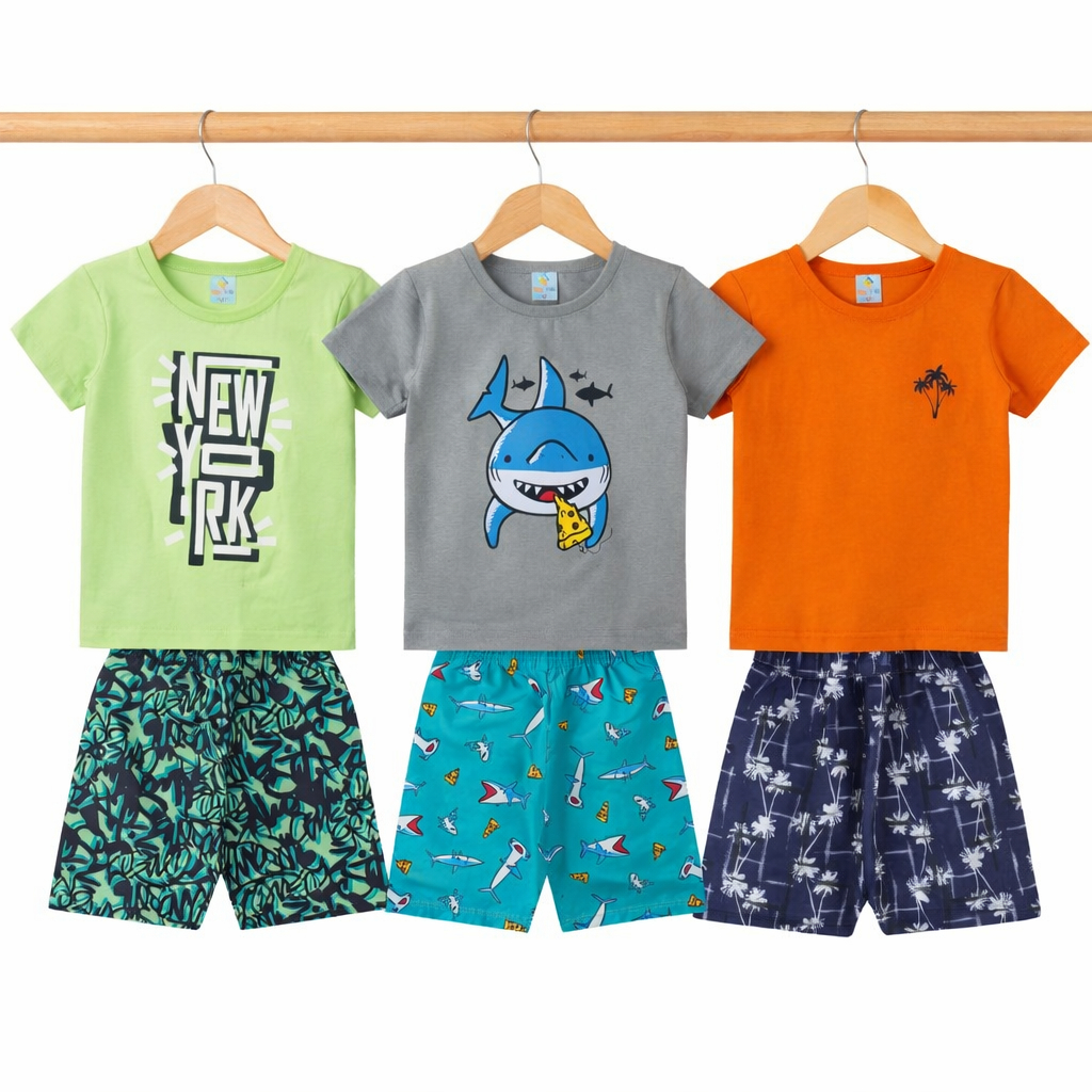 Kit 3 Conjuntos 6 Peças de Roupa Infantil Menino 3 Camisetas + 3 Bermudas Estampas Sortidas