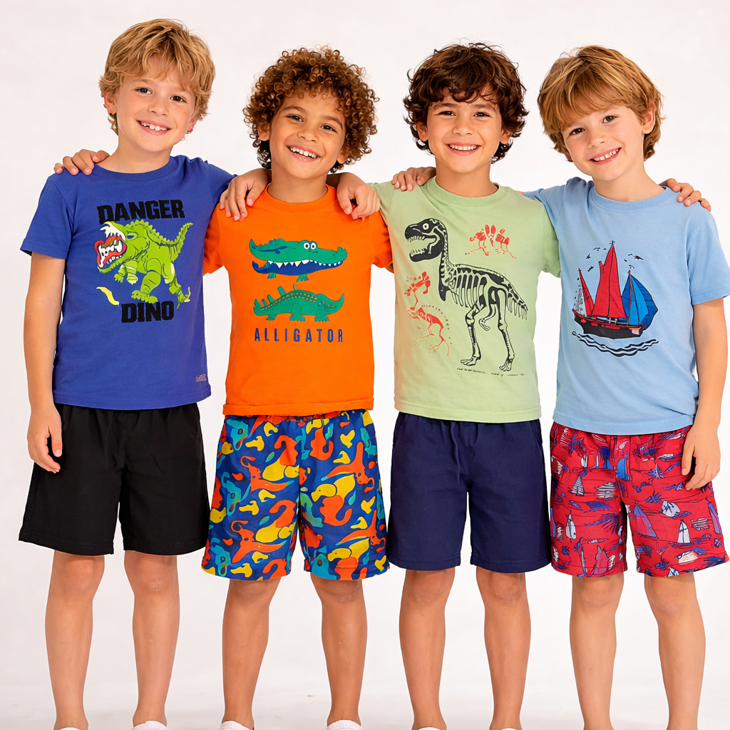 Kit 4 Conjuntos Infantis Menino 8 Peças 4 Camisetas + 4 Bermudas Estampas Sortidas