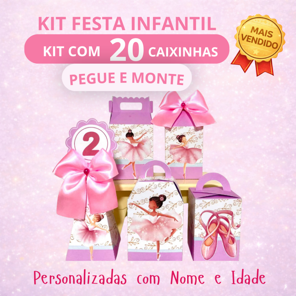 Kit Festa Infantil  Bailarina Personalizado Pegue e Monte 20 Caixinhas Lembrancinha Aniversário Infantil