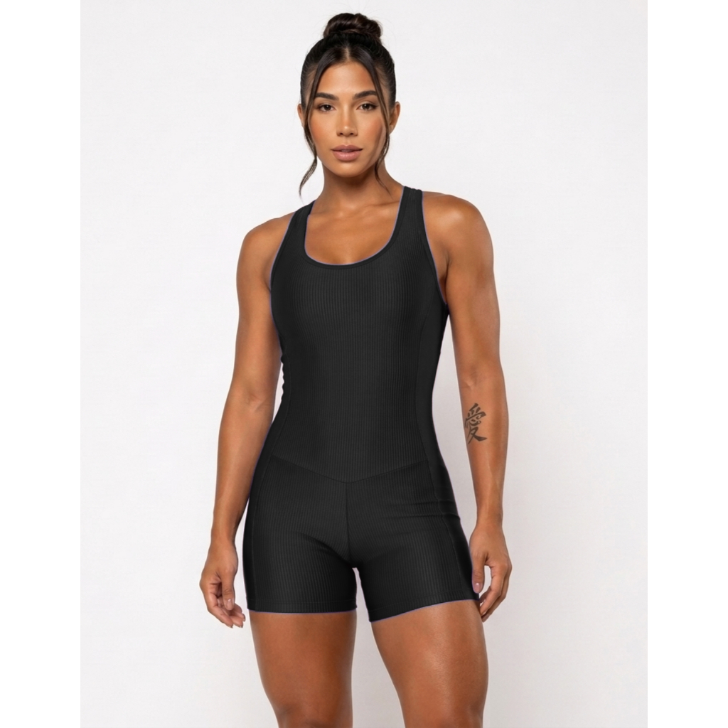 Macaquinho Feminino Academia Fitness Sem Transparência Macacão Canelado Curto Cruzado Crossfit