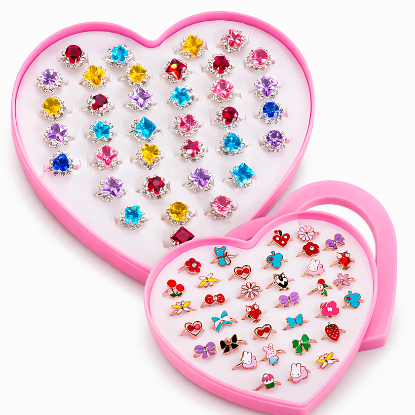 Kit 36 Anéis Infantil Menina Ajustável Sortidos + Caixa Coração Brinquedo Princesa