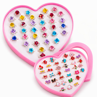 Kit 36 Anéis Infantil Menina Ajustável Sortidos + Caixa Coração Brinquedo Princesa