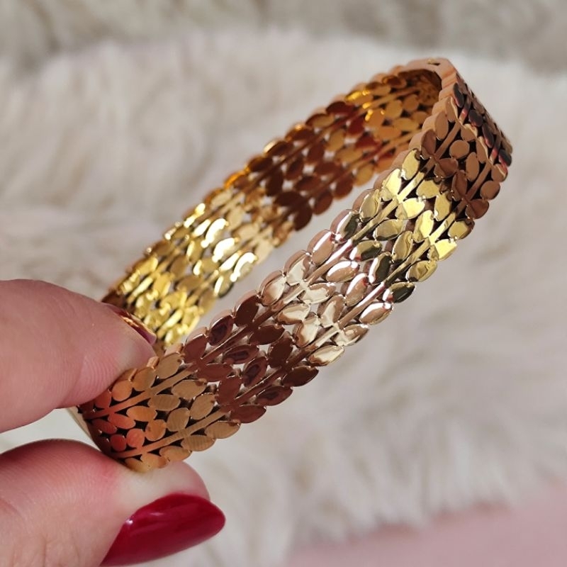 Bracelete Feminino Luxo em Aço Inoxidável Dourado – Design Maximalista Detalhado | Antialérgico, Não Enferruja