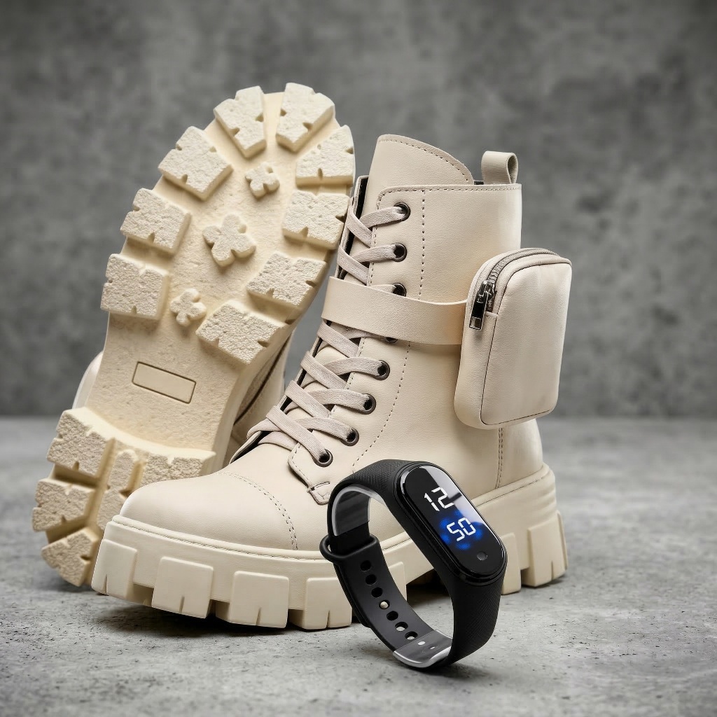 Kit Bota Feminina Tratorada com Bolsinho Lateral + Smartband Digital – Coturno Moderno Plataforma