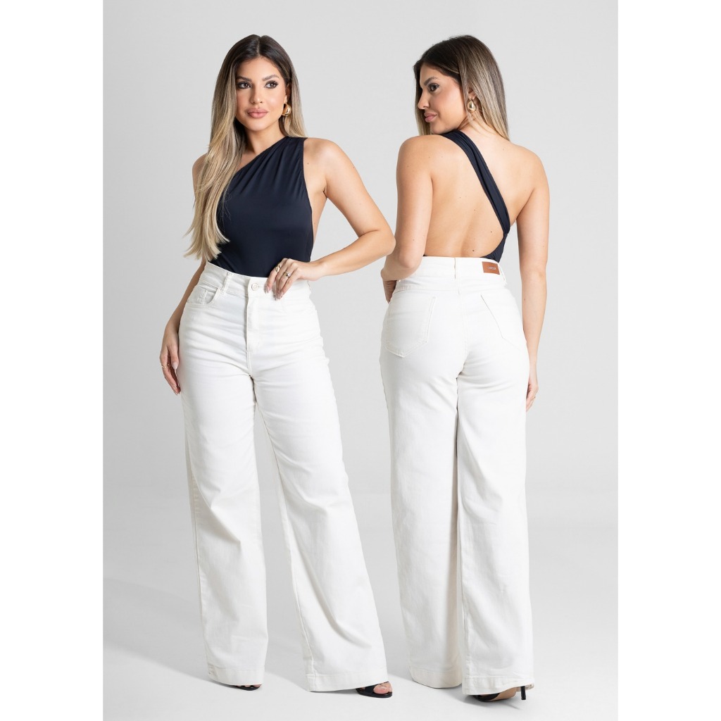 Calça Sawary Wide Leg Off White com Lycra - 280901