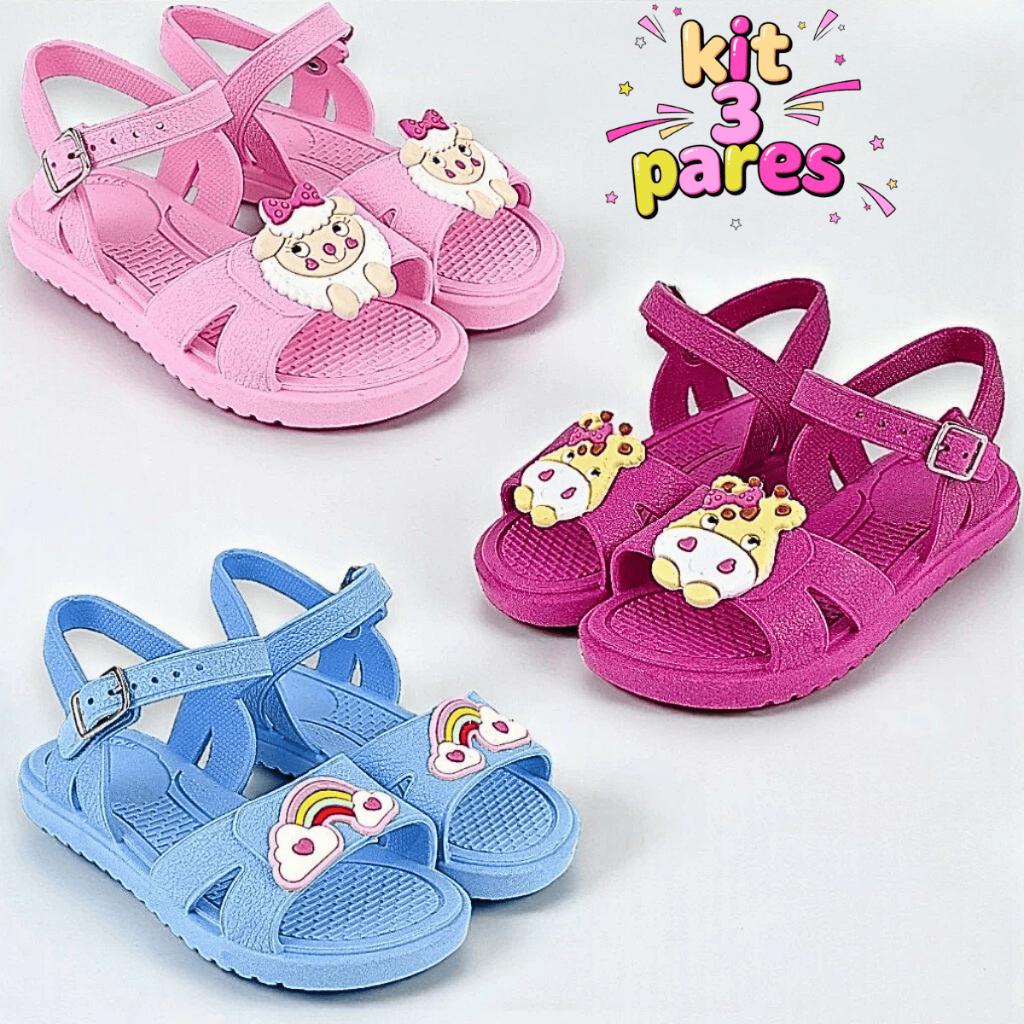 Kit 3 Pares Papete Sandália Menina Infantil Rasteirinha Feminina Confortável
