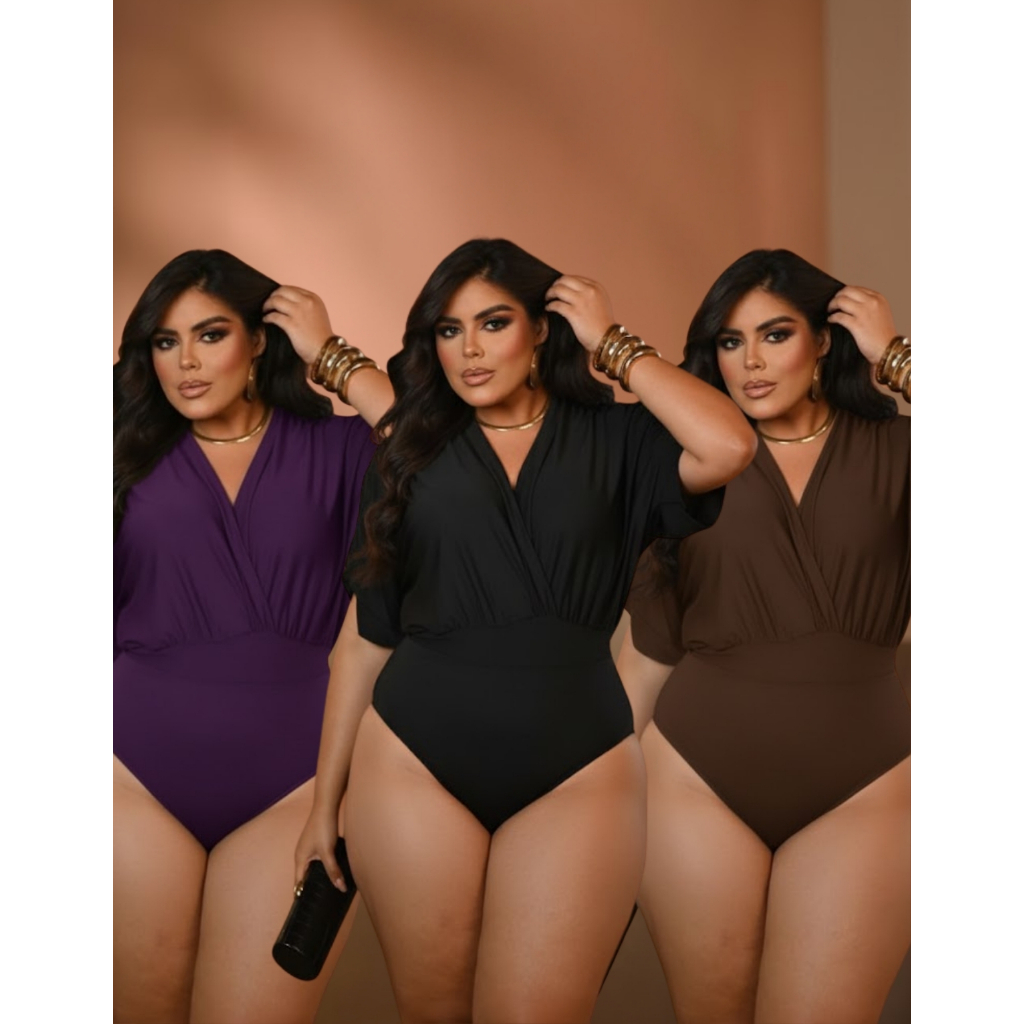 Body Feminino Plus Size Suplex Premium Transpassado Decote V Manga Ampla Zero Transparência Moda Envio Rápido