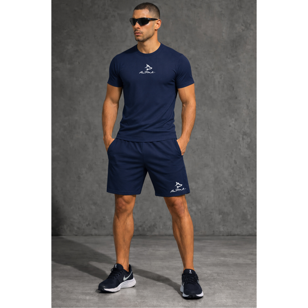 KIT Camiseta + Short Tactel Elastano Bermuda Dry Fit Masculina Alpha Co Lobo Wolf Geometrico Academia Original