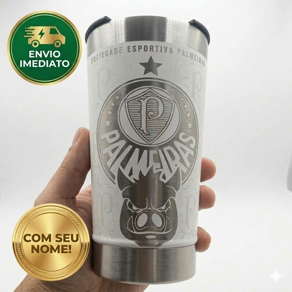 Copo Personalizado Palmeiras Com Nome Aço Inox Branco Com Tampa