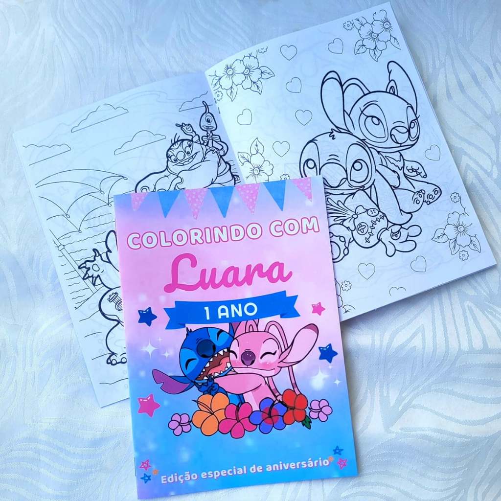 Livro de colorir tamanho A5 14,8X21 personalizado lembrancinha aniversario STITCH E ANGEL fazemos todo os tema