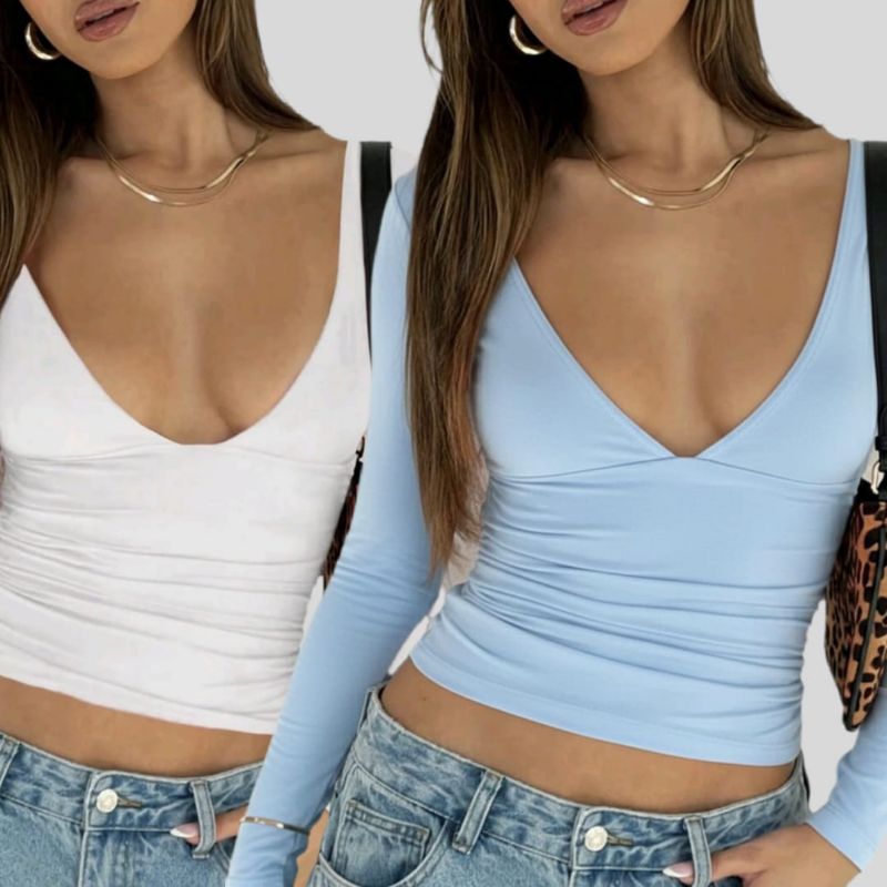 Cropped Feminino Suplex Manga Longa Decote V Blusa Justinha Estilo Gringa Tendência Moda Blogueira