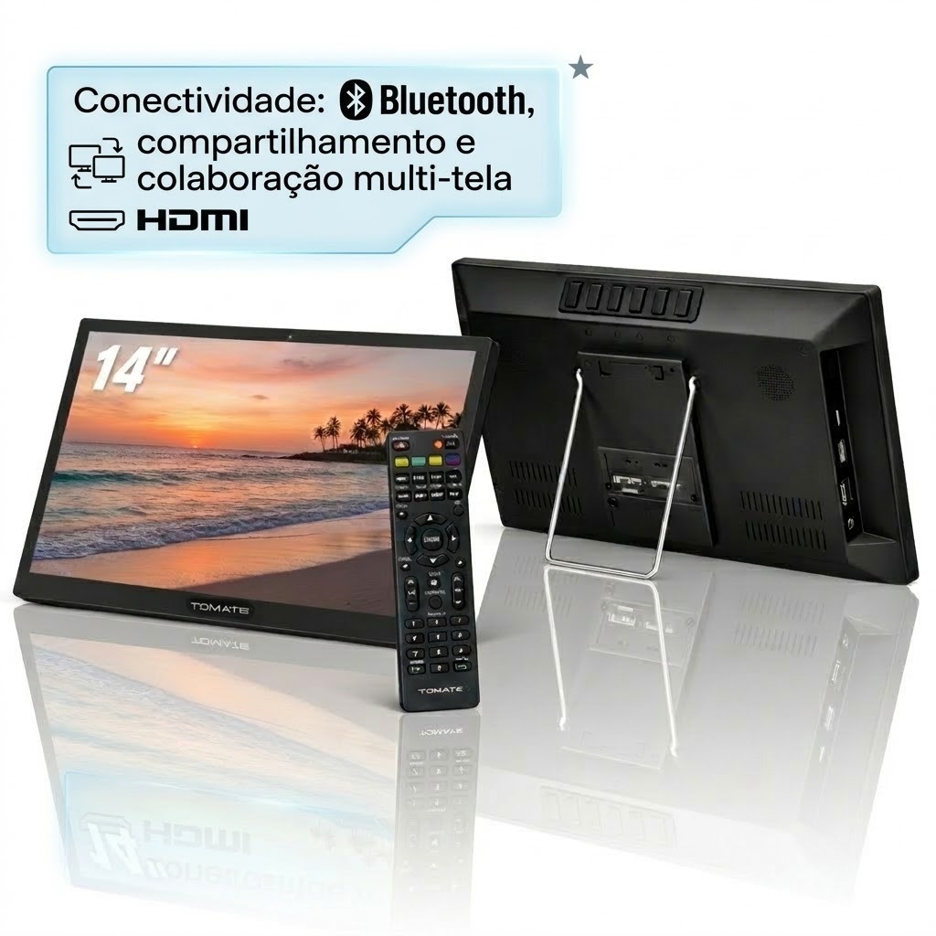 Monitor TV Digital Inteligente 14” Slim Bateria Bluetooth HDMI 8ms Antena Alto Falante Multi-Tela