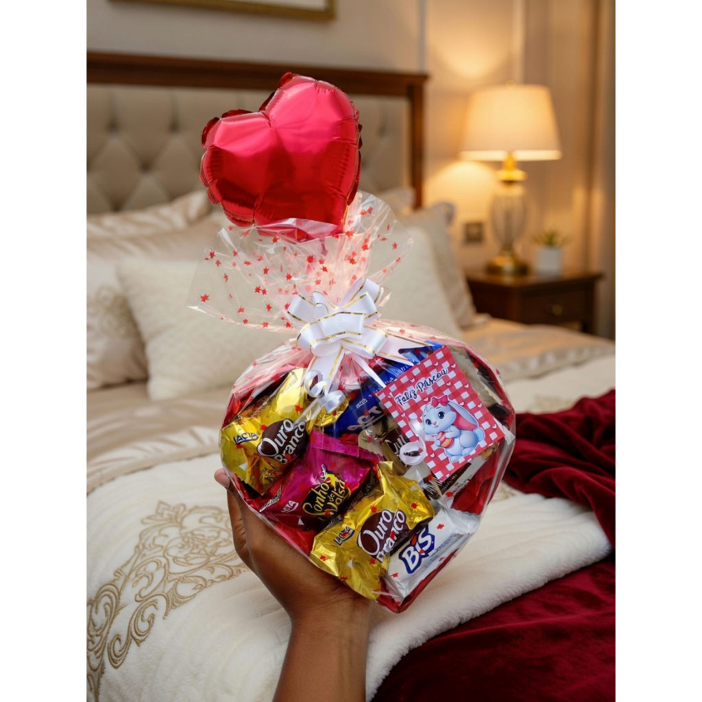 Cesta de Chocolate Presente com Balão Coração | Presente Romântico | Cesta de Doces Surpresa PASCÓA