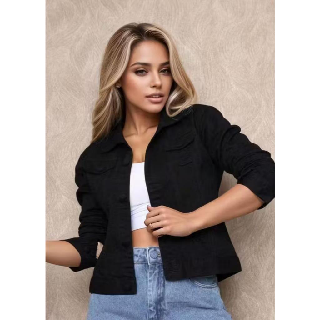 Jaquetinha Sarja Jeans Básica Botões Encapado Moda Feminina Tendência Da Moda Novo