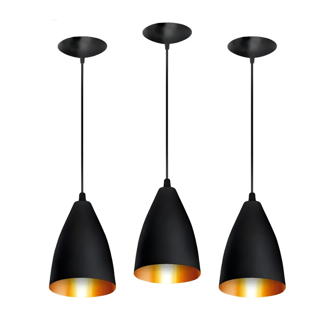 Luminária Pendente Vegas Alumínio Preto Moderna Teto 3 peças
