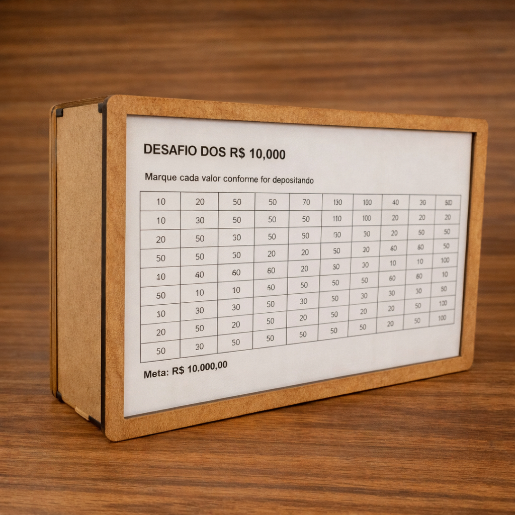Cofre MDF Desafio 10 Mil Caixa Dinheiro Método Japonês Cofrinho Poupança Madeira