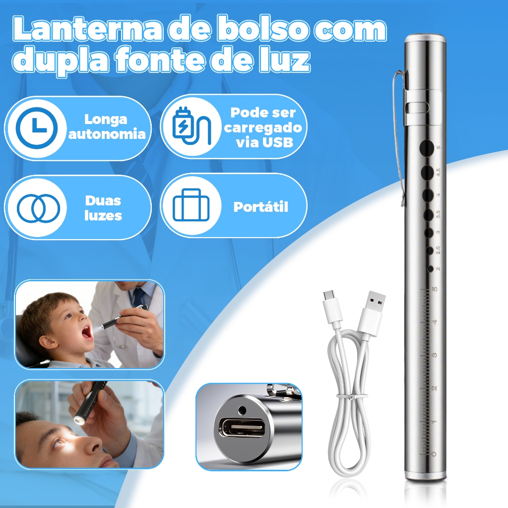 Lanterna Clínica Médica Led Recarregável Usb Tipo Caneta Profissional Para Exame Pupilar Enfermagem Hospital