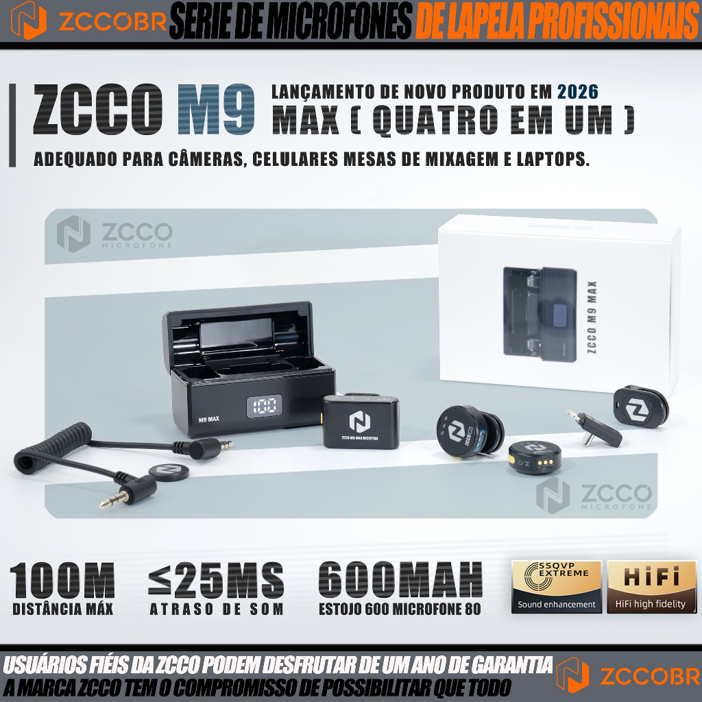 ZCCOBR M9 Max Microfone Lapela Sem Fio Magnético Completo com Redução de Ruído IA Gravação HD para Vlogs e Transmissões