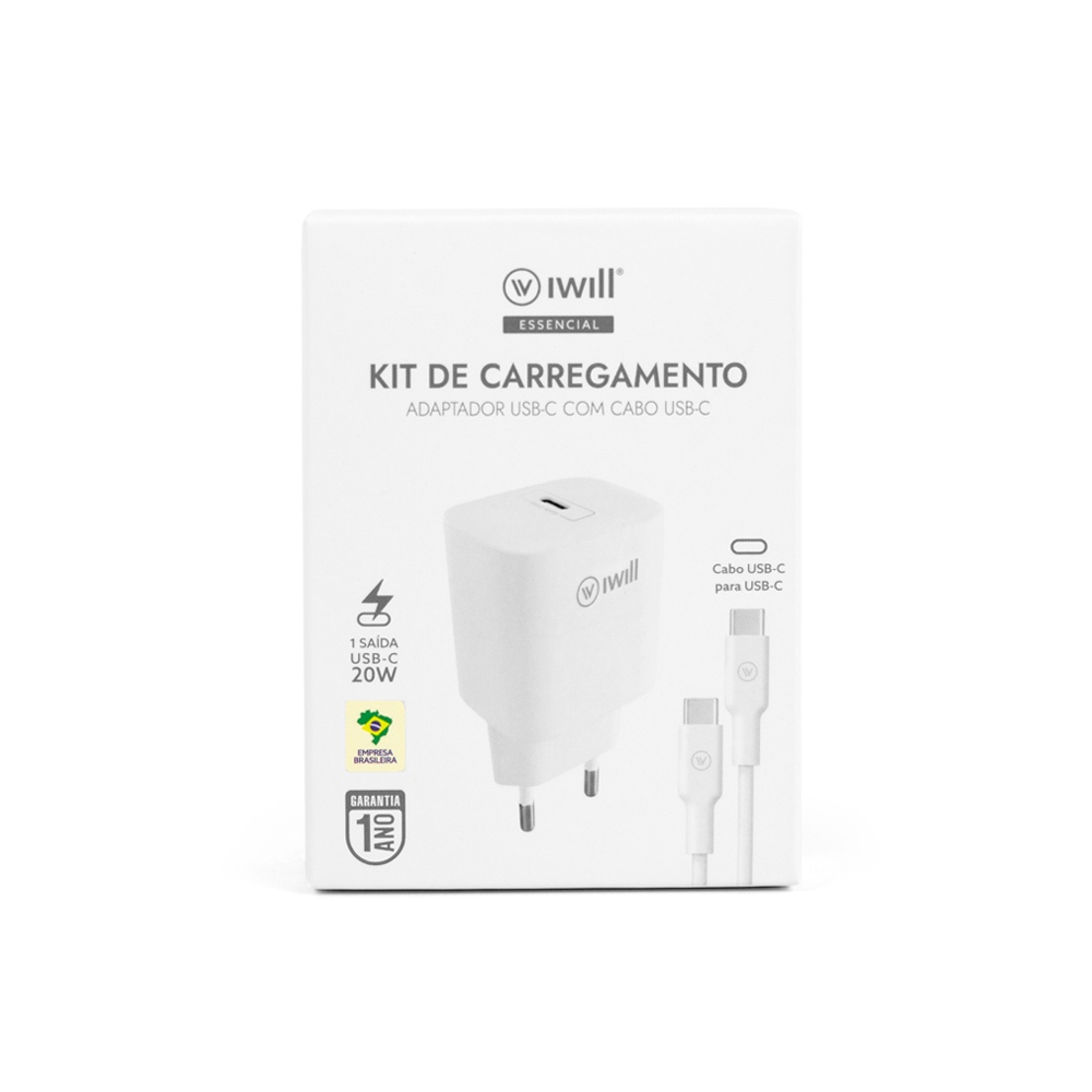 Kit Carregador Turbo 20W USB-C com Cabo USB-C 1m Carregamento Rápido PD Bivolt Branco iWill Essencial — imagem 2 de 2
