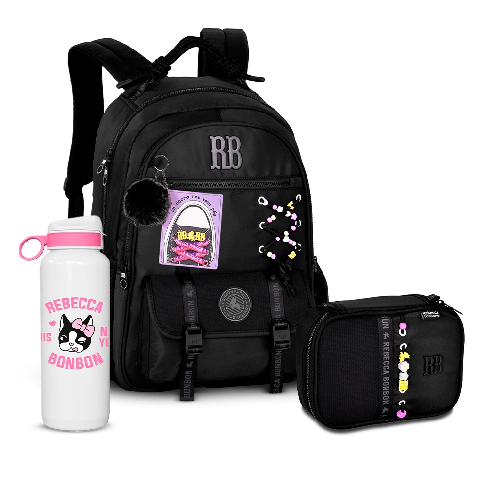 Kit Mochila Soft Costas Alça Carona Cadarço Chaveiro Pompom Estojo Rebecca Bonbon Reforçada em Oferta na Shopee