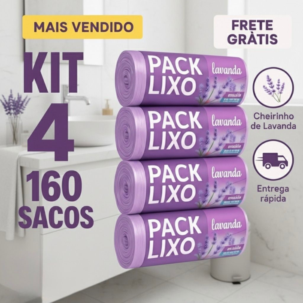 Kit 4 Sacos de Lixo rolo Perfumados Lavanda | 160 Sacos | Pia e Banheiro | 34x38cm | Neutraliza Odores