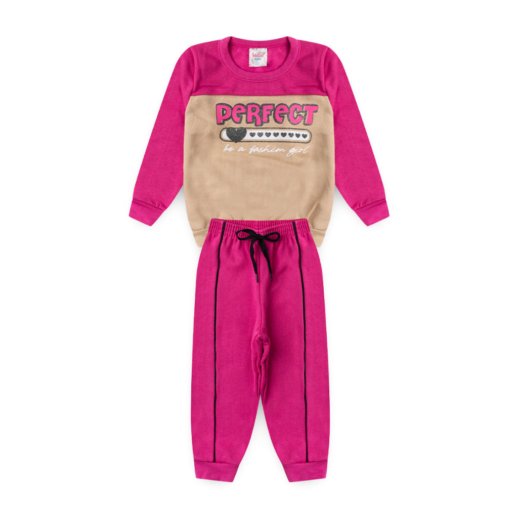Conjunto Infantil Inverno Menina Pink Com Bege Claro Blusão E Calça Em Moletom