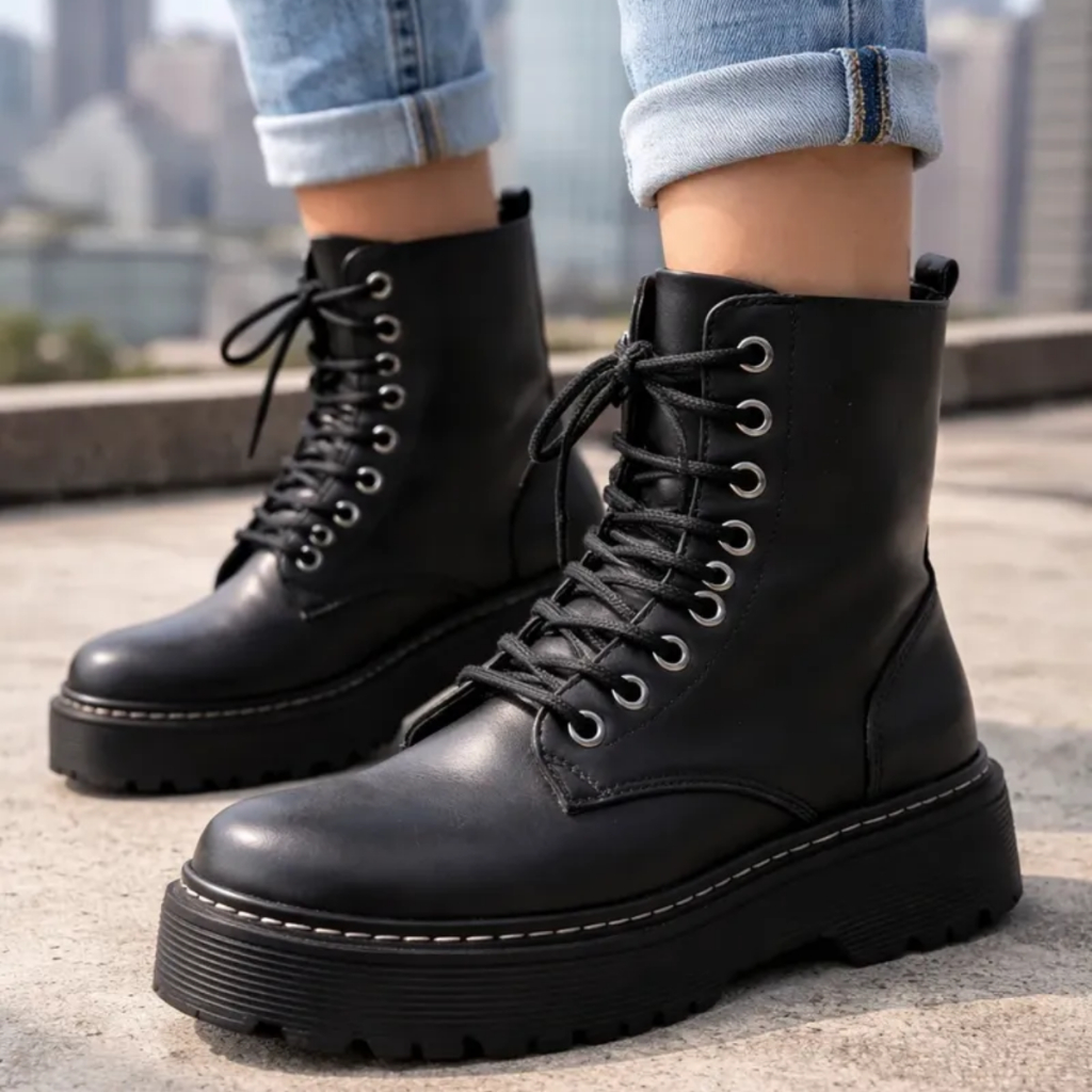 Coturno Feminino Preto Tratorado Confortável Cano Médio Casual Moda Inverno Dia Dia Salto Plataforma