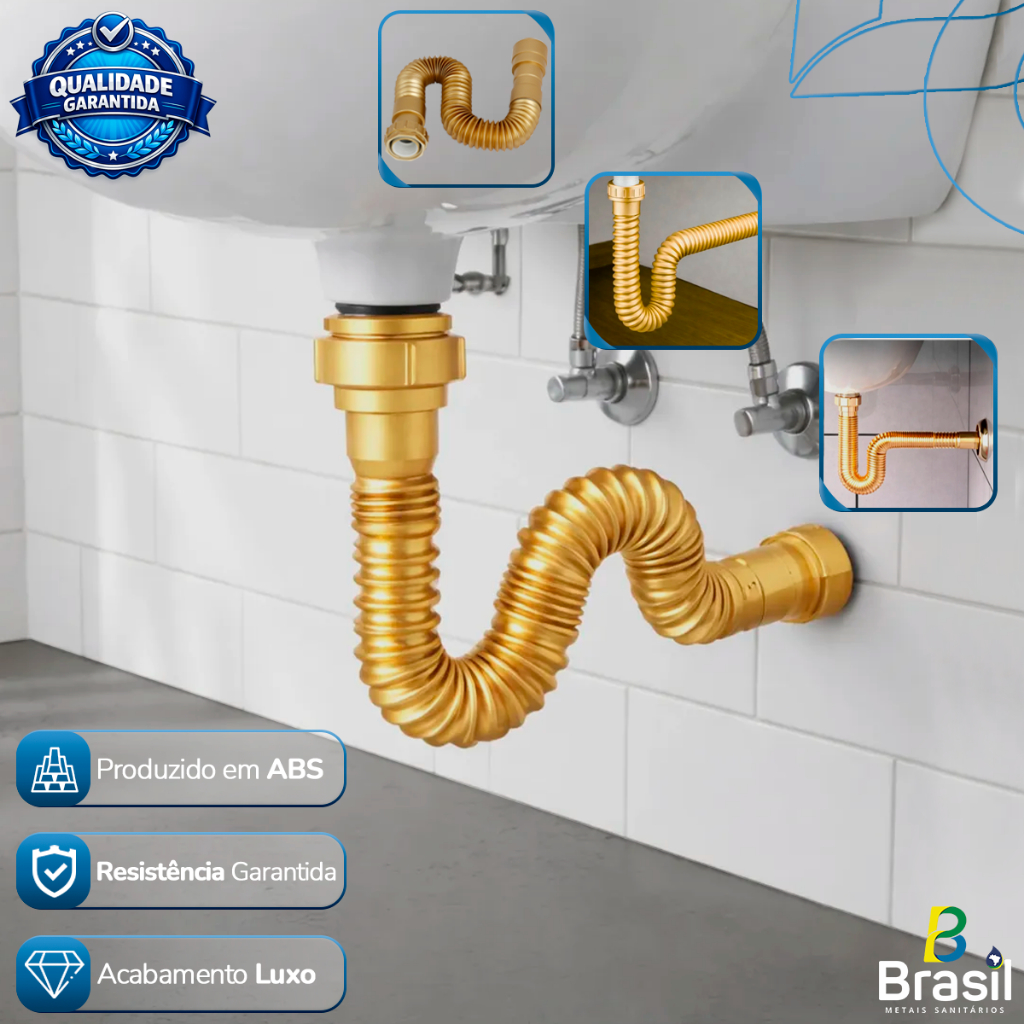 Sifão Dourado Metálico Para Banheiro Flexível Universal 60cm Luxo