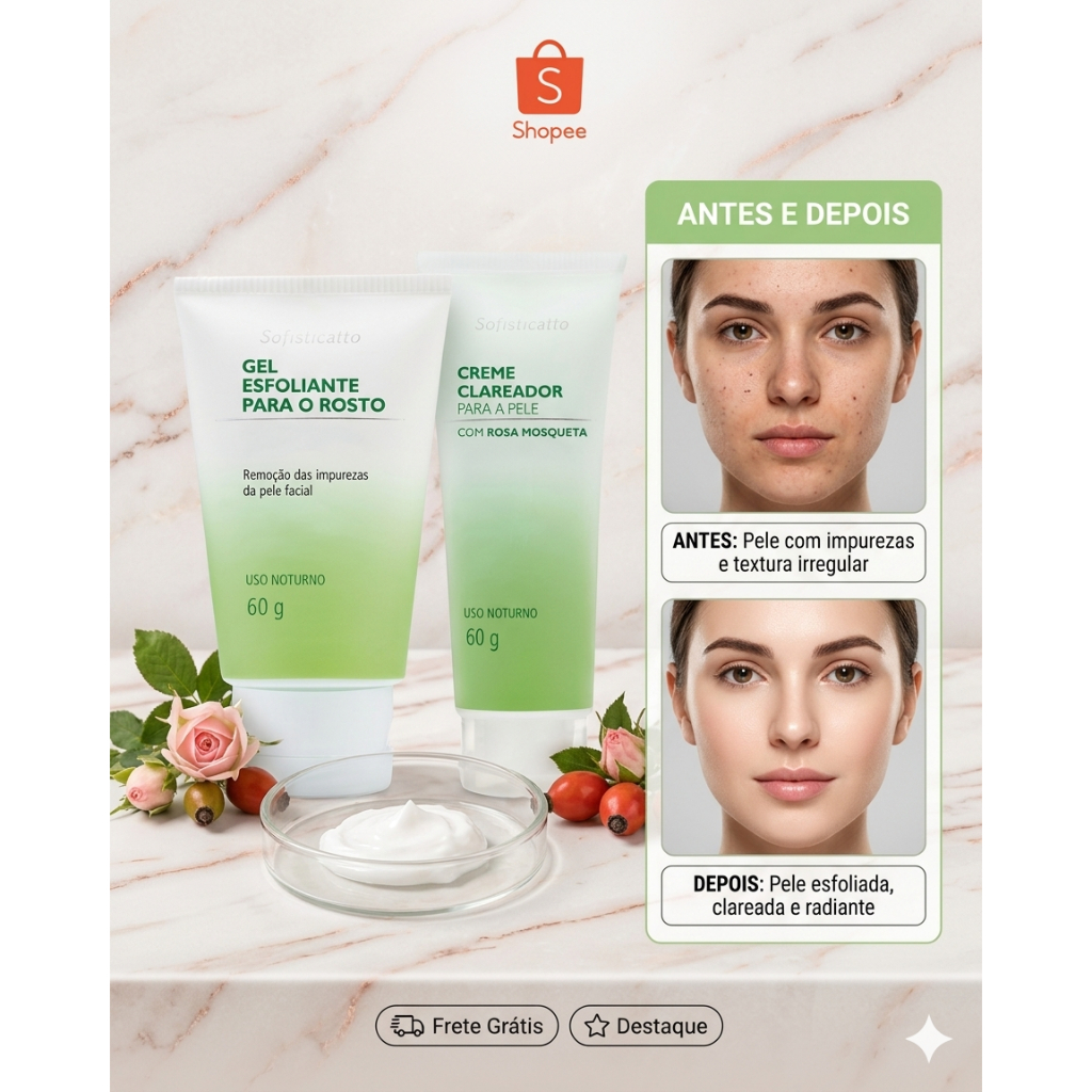 Kit Creme Clareador Facial | Rosa Mosqueta| Tira Manchas de Acnes e Melasma| Esfoliante| Tira Oleosidade e Uniformiza