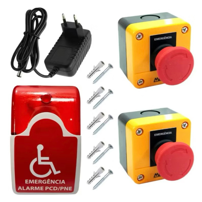 Alarme Banheiro PCD Emergência com Sirene e Luz – 2 Botões Cogumelo Acessibilidade Idoso/PNE