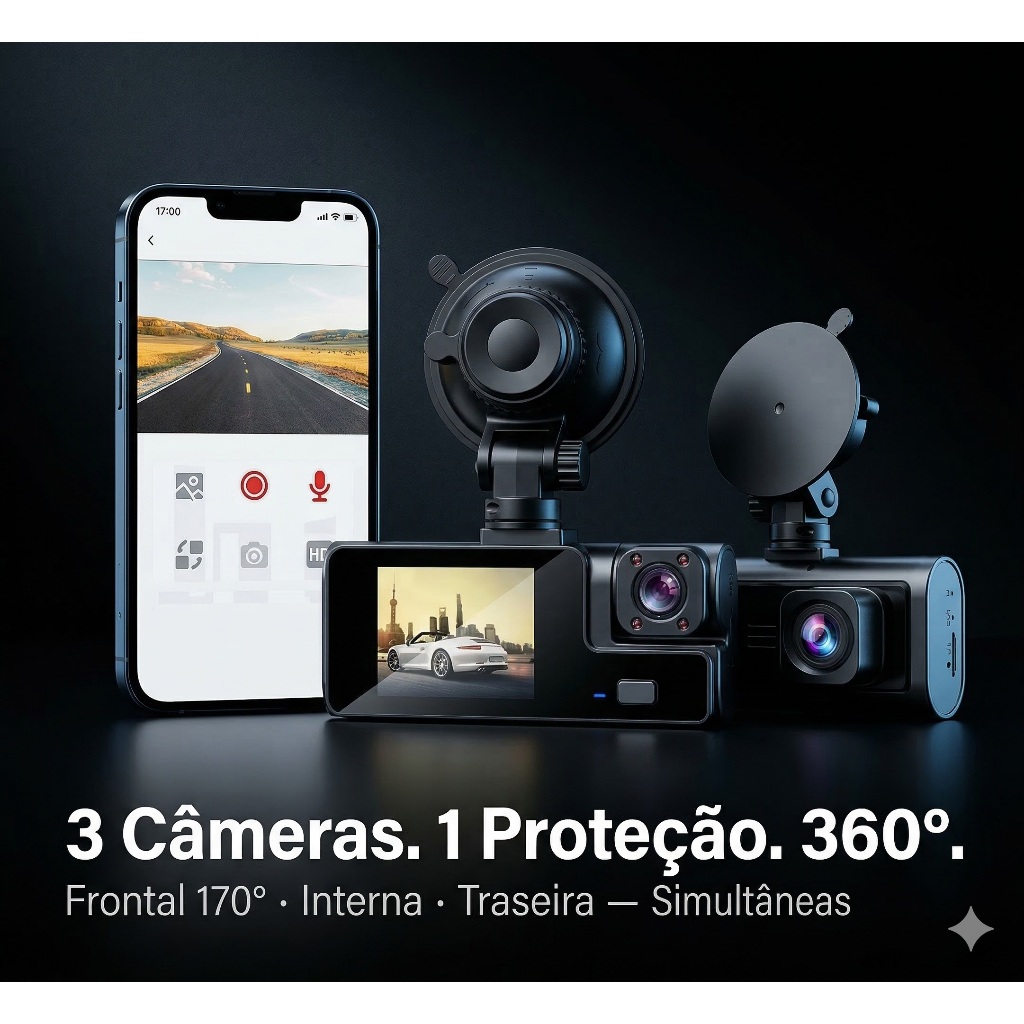 Câmera Veicular 3 Canais Black Box HD 1080p 360° Frontal Interna Traseira Visão Noturna Sensor G