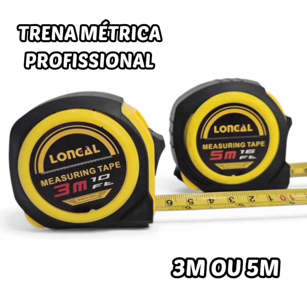 Trena Métrica Profissional 3 ou 5 metros Emborrachada com Trava Fita de Aço