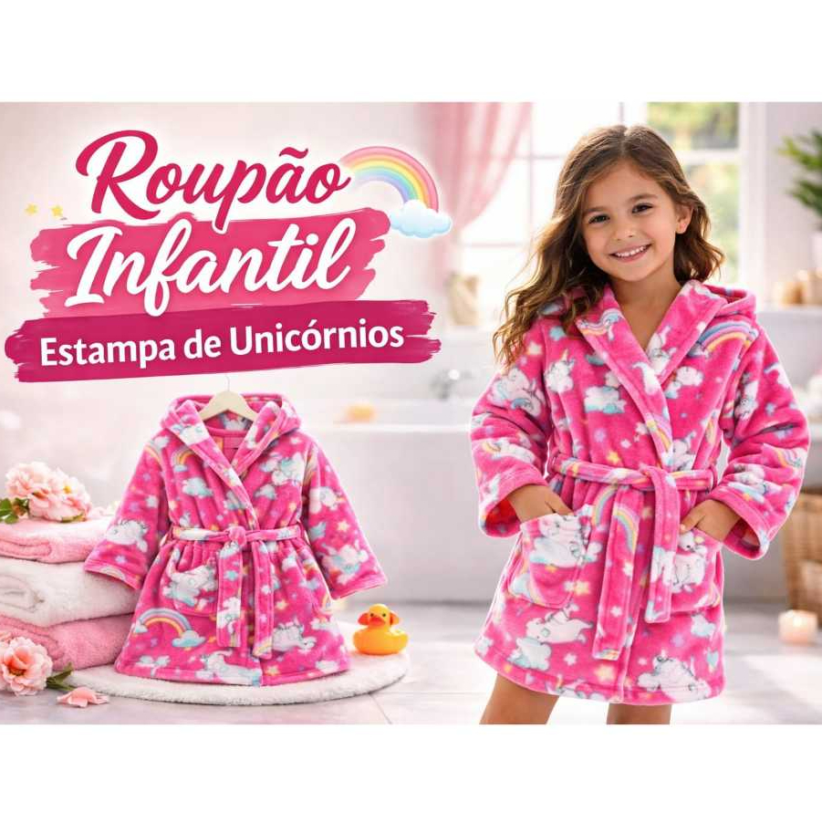 Roupão Infantil Estampado com Capuz Unicornio e Dinossuro