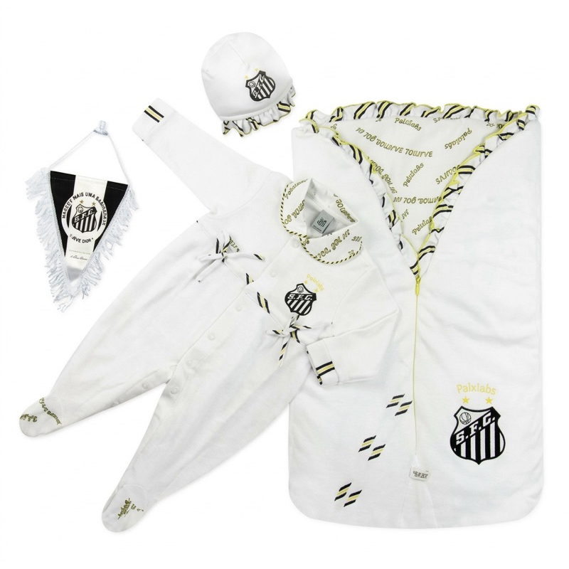 Saída de Maternidade Santos Feminino Suedine – Macacão + Saco de Dormir + Gorro + Flâmula