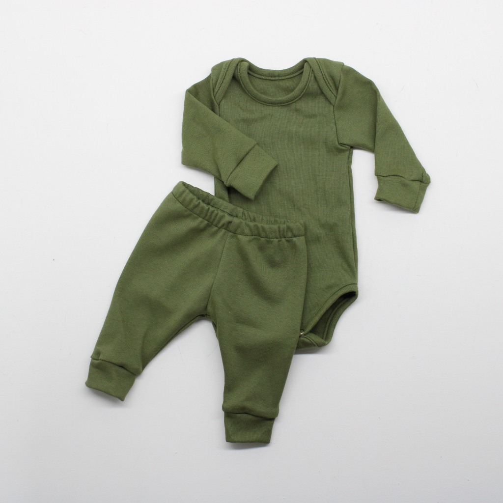 Conjunto Body Bebê Prematuro em Malha Ribana Verde Musgo