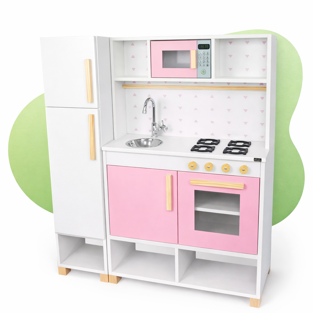 Imagem Cozinha Infantil Geladeira Módulo Crescer Madeira Rosa Brinquedo Faz de Conta Chef Pedagógico Lúdico Kit Livro Educativo