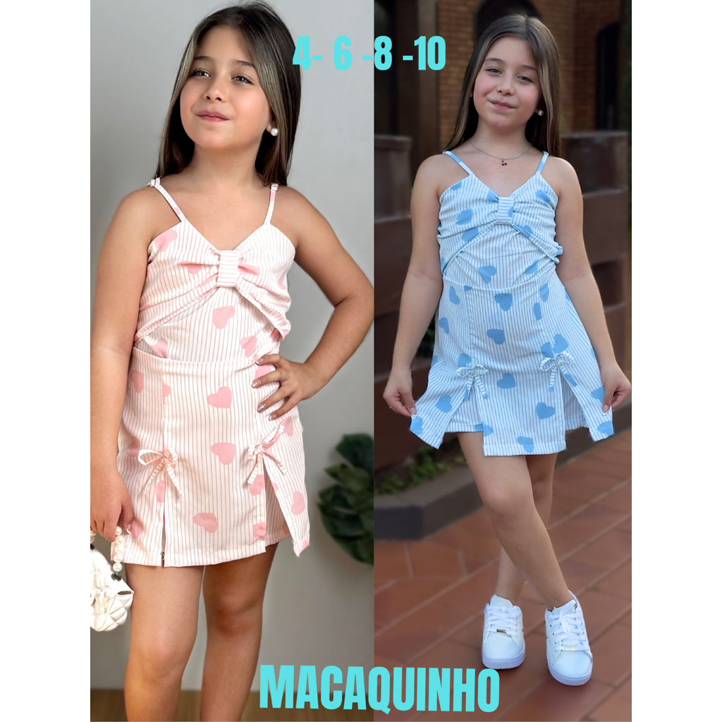 Macaquinho Crepe Infantil Com Amarração Nas Costas Listrado Con Coracões