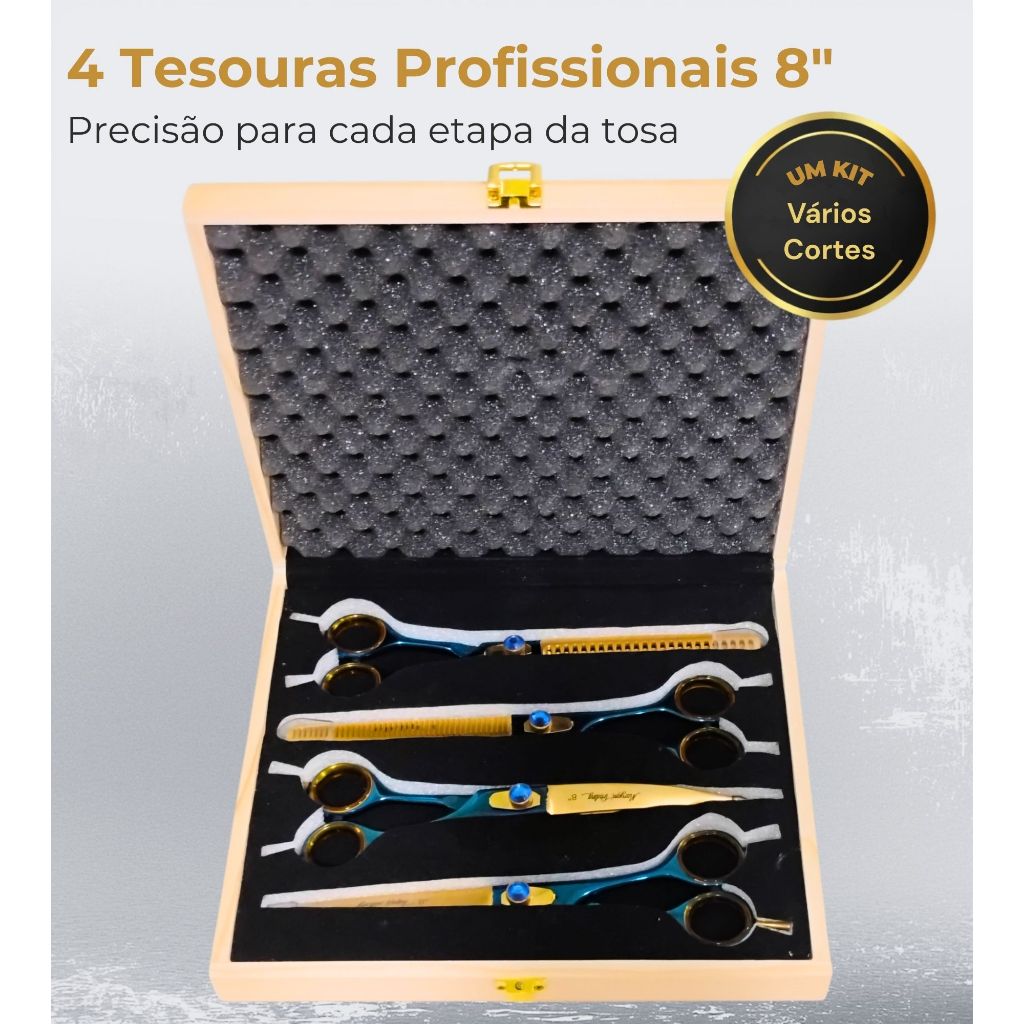 Kit Tesouras Maryam Trading Aço 440C 8" Azul  Fio Navalha Pet Shop Banho e Tosa