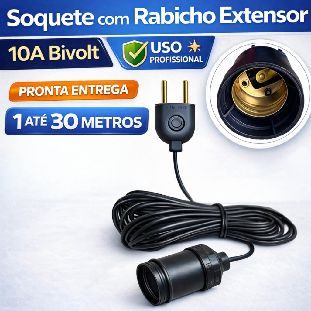 Soquete Com Rabicho Extensor Bivolt 10A Para Tomada Lâmpada Rosquear 3/ 5 / 10 / 15 / 20 / 30 METROS