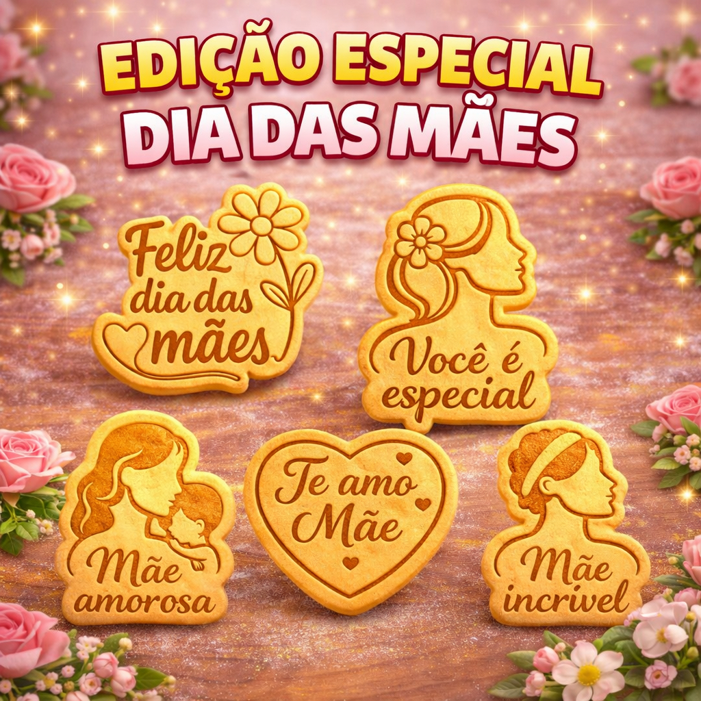 Cortador de Biscoito Dia das Mães +Carimbo 3D | Kit 5 peças | presente| confeitaria| biscuit, pasta americana|decorado