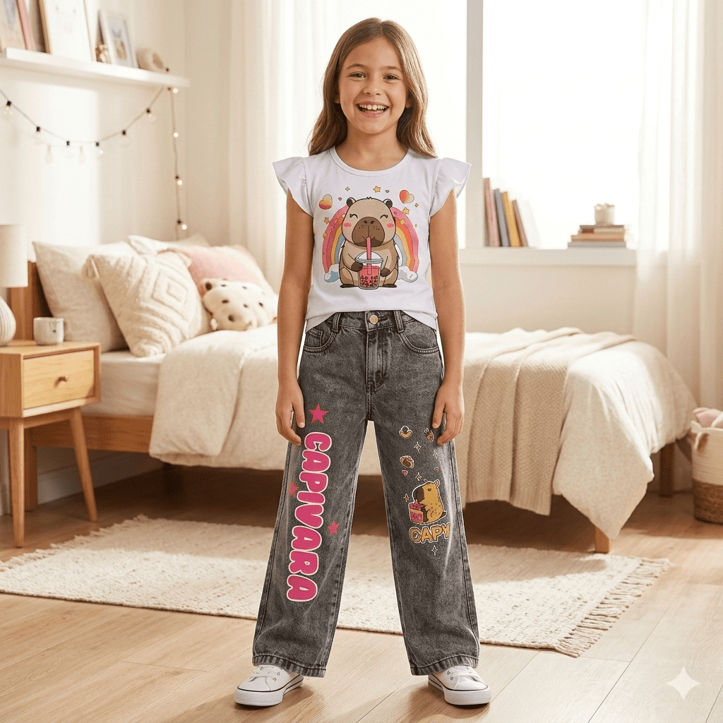 Conjunto Infantil Menina Calça Jeans Feminina Wide Leg com Regulagem na Cintura  Blusa Capivara - Grafite