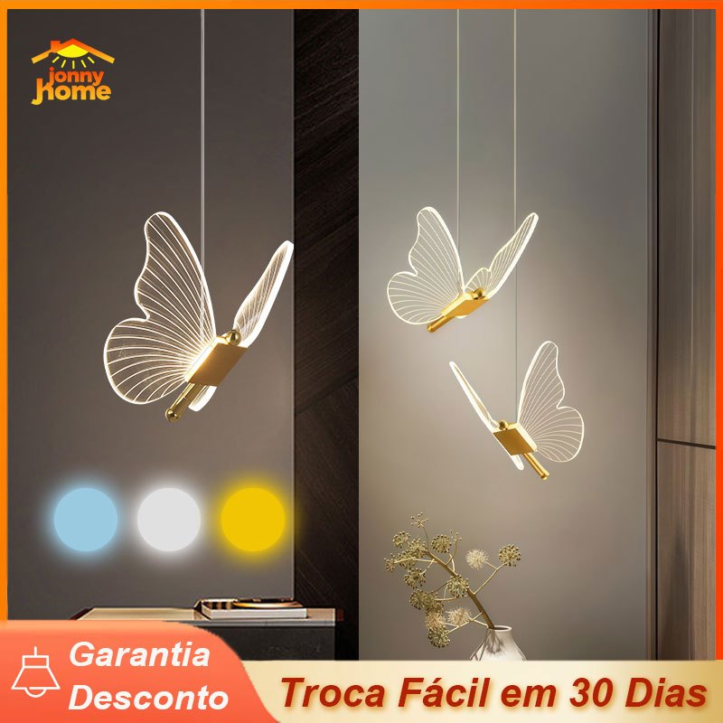 Pendente Dourado Borboleta De Luz LED de 3 cores em 1 luminária de teto do quarto Bivolt