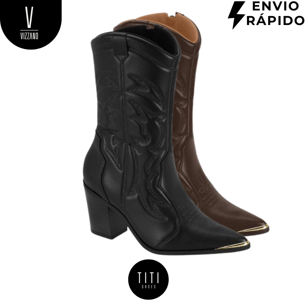 Bota Texana Feminina Vizzano Original Feminina Country Cano Médio Salto Bloco