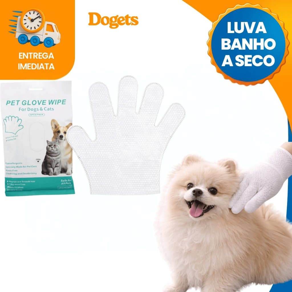 Luva de Banho a Seco Descartáveis Umedecidas  Para Pet Higienização 6 Unidades