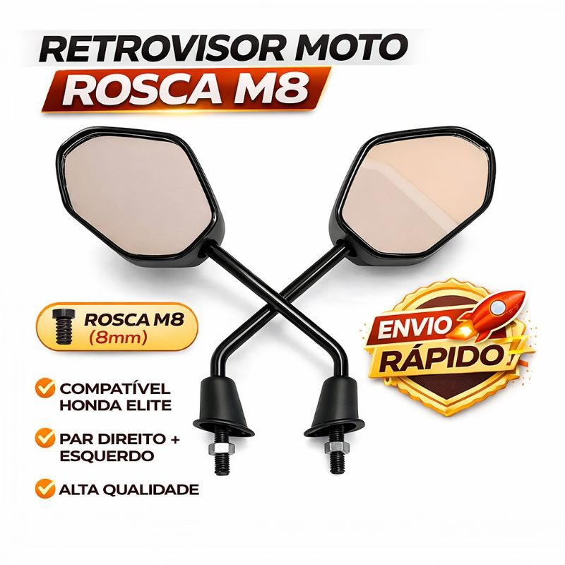 Retrovisor Moto Honda Elite 125 Rosca M8 Esquerda Mod. 2025 Scooter Preto Premium Mais Vendido.