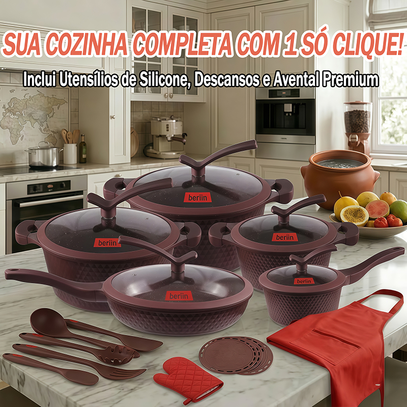 Imagem Conjunto De Panelas Antiaderente Cerâmica 22 Peças Com Revestimento Premium Tampa Vidro Temperado E Jogo De Utensílios