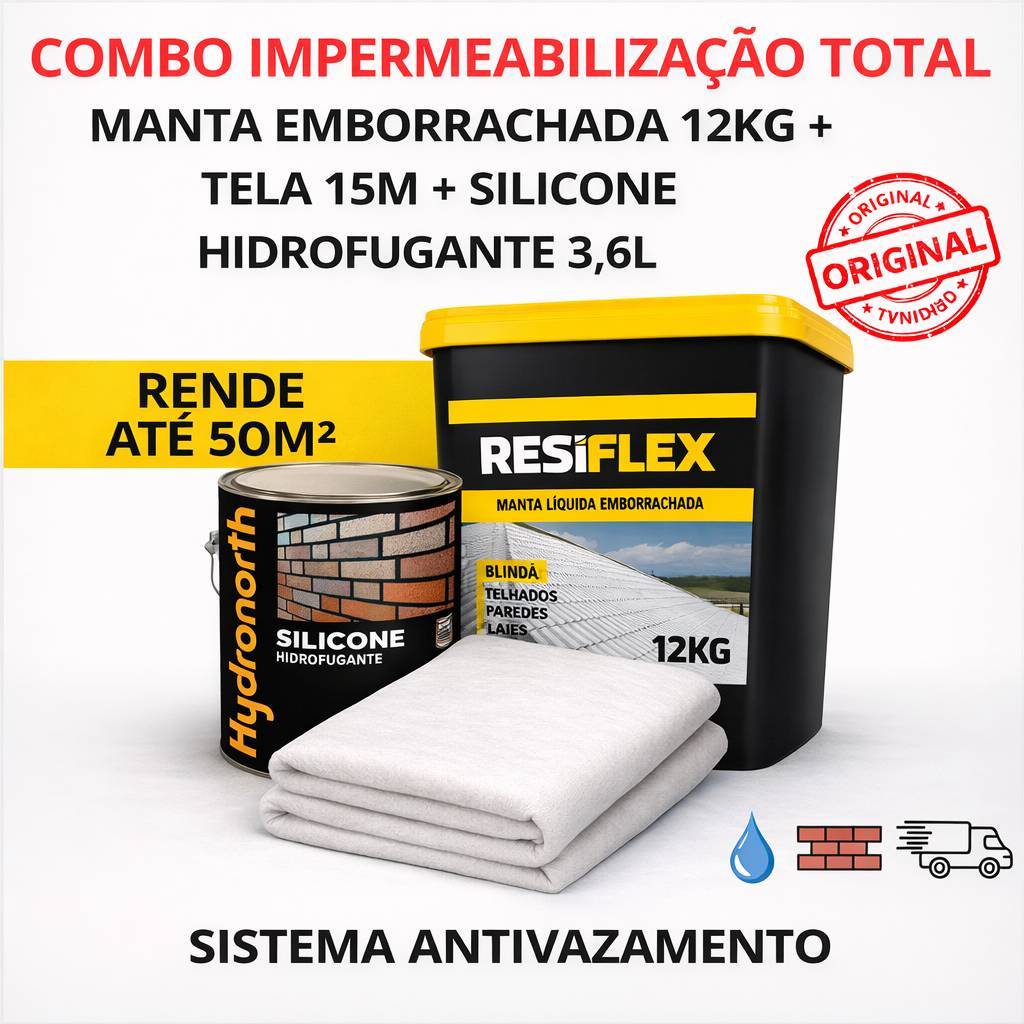 Manta Líquida Emborracha 12kg + Manta 15m + Silicone Hydronorth Vedação Total Laje Telhado Goteira