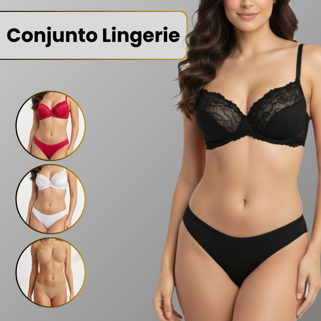 Conjunto Sensual Lingerie Feminina com Bojo Sutiã e Calcinha P M G GG Confortável Não Marca Renda