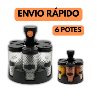 Porta Condimentos Tempero 6 Potes Base Giratório 360º Tampa Dosadora Vidro Organiza Conserva em Oferta na Shopee