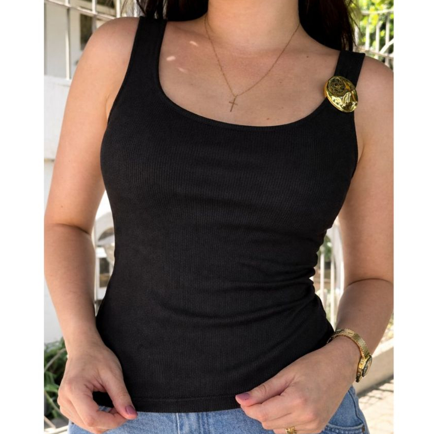 Blusa Regata Feminina Gola U Fivela Canelada Basica Elegante Com Forro Casual Tendencia Verao